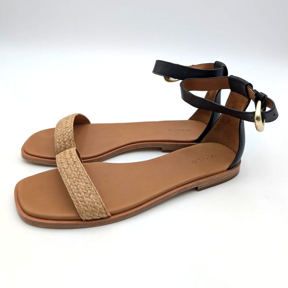 Vince Martina Women's Ankle Strap Sandal Leather Black/Brown Size US8M EU38.5